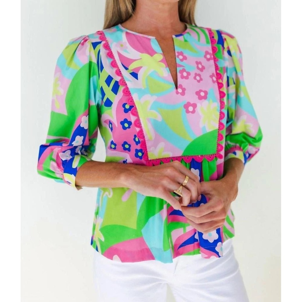 NEW $188 Mary George Stella Top Sz M Bright Color Paradise Punch RicRac Cotton